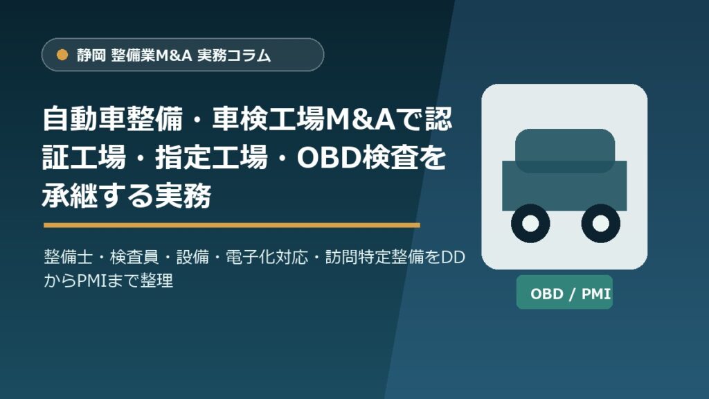 静岡の自動車整備・車検工場M&Aで認証工場、指定工場、OBD検査、PMIを整理するアイキャッチ画像