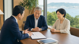 静岡県の事業承継について経営者夫婦とアドバイザーが相談する様子