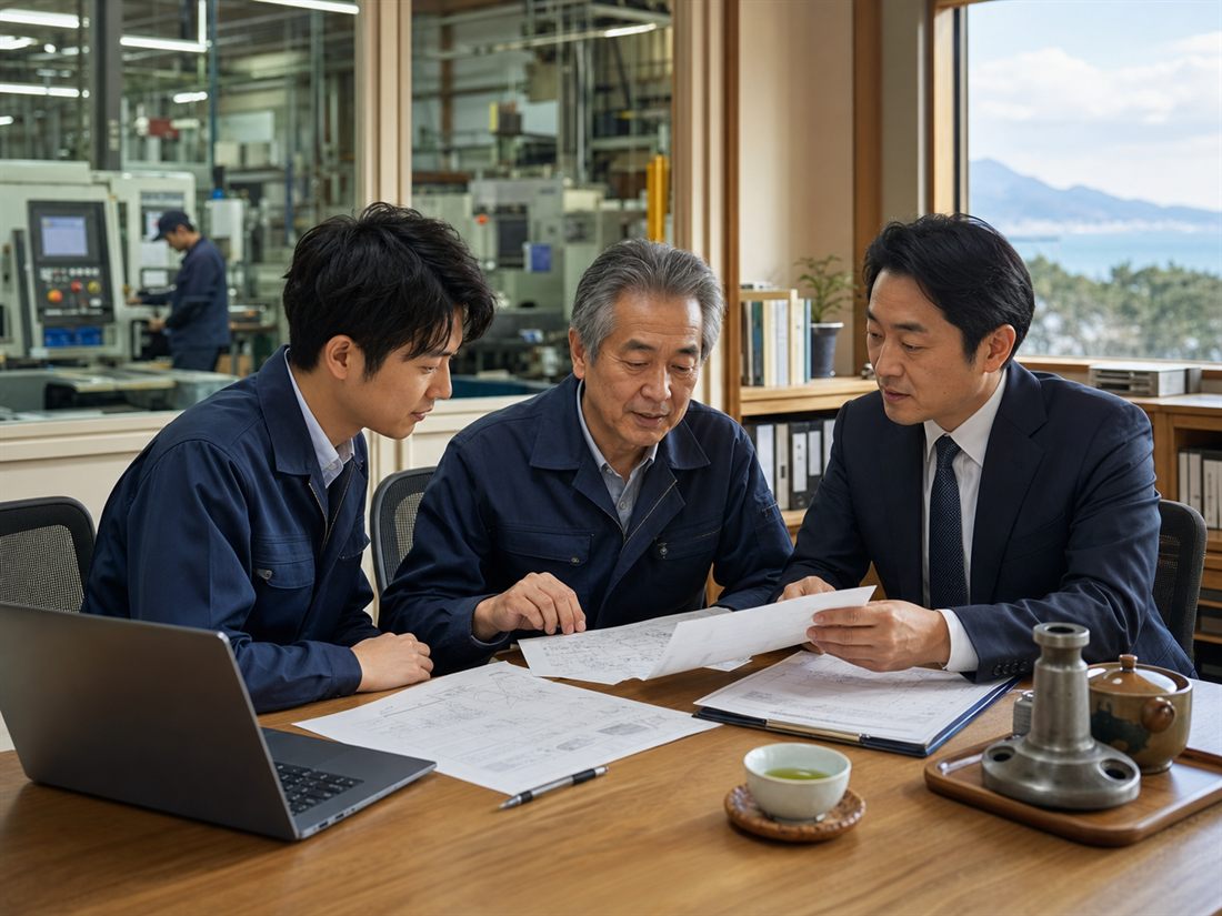 静岡の製造業で事業承継資料を確認する経営者とアドバイザー