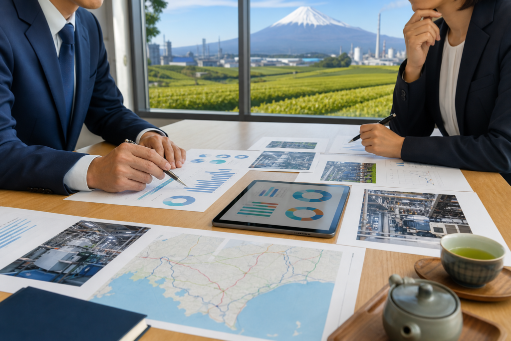 静岡県の製造業や地域産業の価値を資料で整理するM&A相談の様子