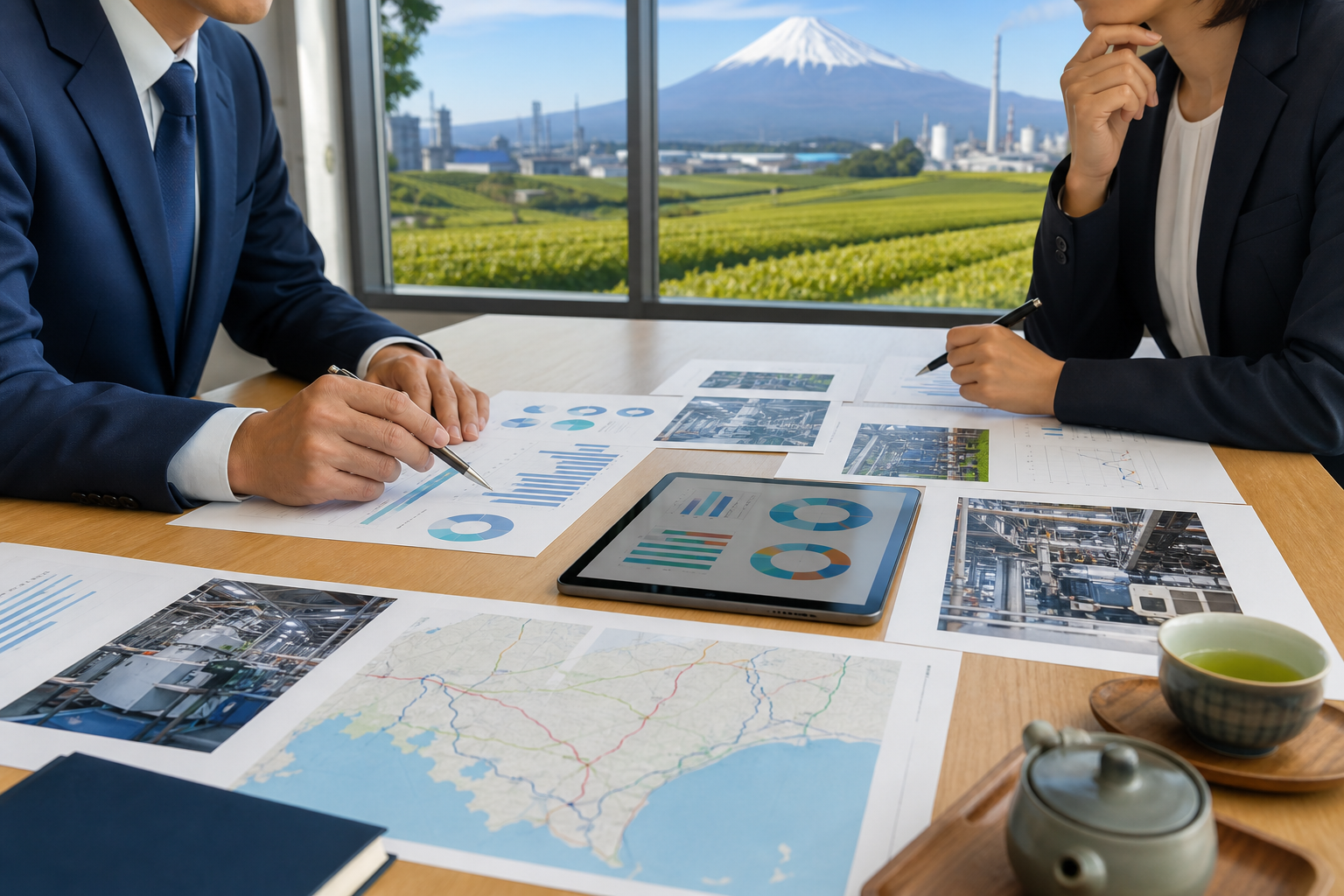 静岡県の製造業や地域産業の価値を資料で整理するM&A相談の様子