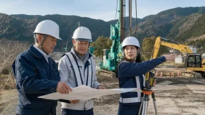 静岡県東部の建設現場で基礎工事の承継について打ち合わせる経営者と技術者