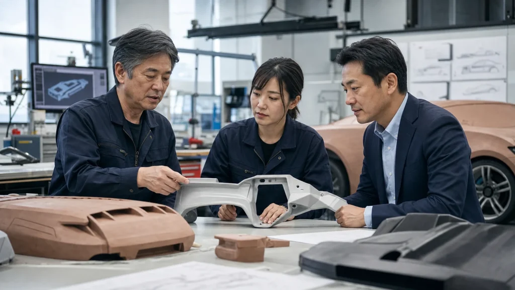 静岡県御殿場市の自動車デザイン工房でカスタムカーの図面と試作車を確認する経営者とデザイナー