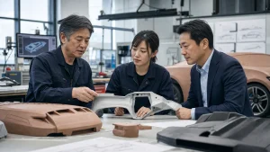 静岡県御殿場市の自動車デザイン工房でカスタムカーの図面と試作車を確認する経営者とデザイナー