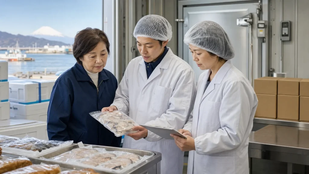 静岡県沼津市をイメージした冷凍食品工場で温度データと品質記録を確認する食品会社の経営者と担当者