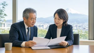 富士山を望む静岡の街を背景に事業承継について話し合う中小企業経営者と支援担当者