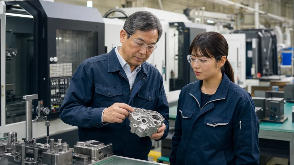 静岡県西部の製造工場で精密部品を確認する経営者と技術者