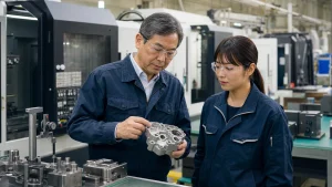 静岡県西部の製造工場で精密部品を確認する経営者と技術者