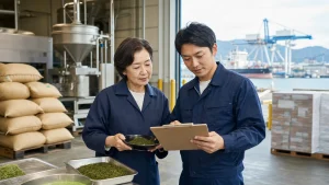 静岡県の食品工場と冷蔵物流拠点で品質と温度管理を確認する経営者