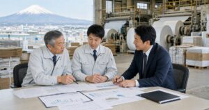 富士市の製紙工場でM&Aと事業承継の相談を行う経営者と担当者