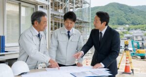 藤枝の建設現場でM&Aと事業承継の相談を行う経営者と担当者