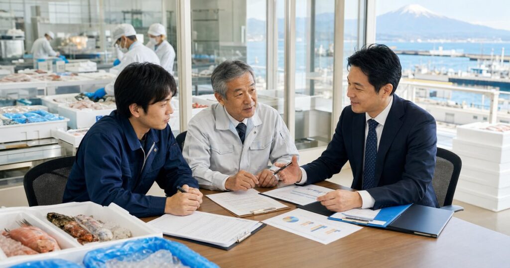 沼津の水産加工会社でM&Aと事業承継の相談を行う経営者と担当者