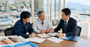 沼津の水産加工会社でM&Aと事業承継の相談を行う経営者と担当者