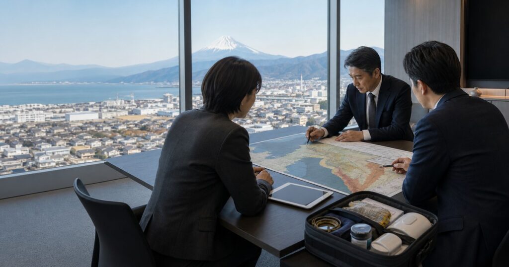 静岡県の海岸・富士山・工場立地を重ねて災害DDを行うM&A実務イメージ