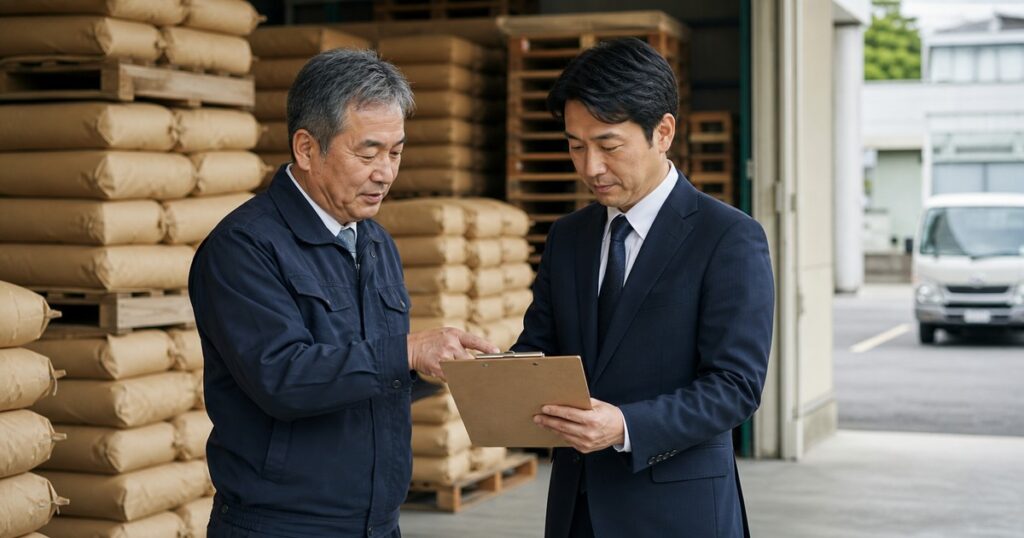 米袋の保管庫と精米ラインと配送確認表を描いた米穀卸M&Aの事例研究イメージ