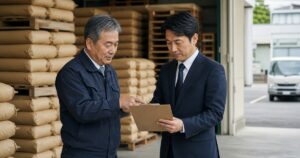 米袋の保管庫と精米ラインと配送確認表を描いた米穀卸M&Aの事例研究イメージ