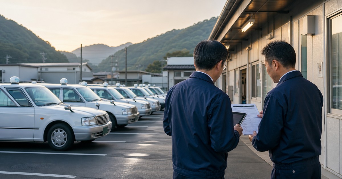 地域のタクシー車庫で配車画面と安全確認表を点検するM&A引継ぎの匿名イメージ